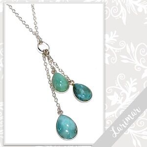 Larimar Eclectic Silver Artisan Lariat Tassel Necklace, 19” (Aqua Blue-Green)